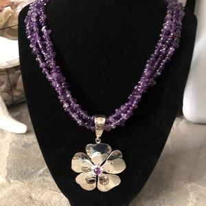 Amethyst Sterling Flower Triple Strand Necklace